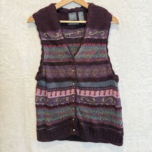 Vtg IVY Sweater Vest Embroidered Purple Granny Cottage Core Knit 90s L